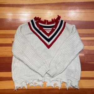 Distressed Sweater -striped neckline
